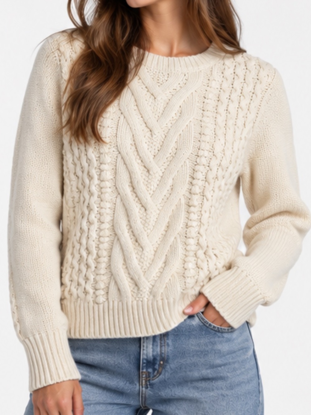 Cream Cable Knit Crewneck Sweater